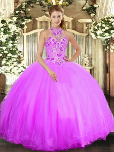 Lilac Lace Up Sweet 16 Quinceanera Dress Beading and Embroidery Sleeveless Floor Length