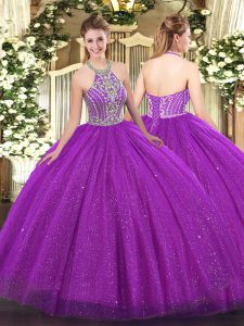 Tulle Halter Top Sleeveless Lace Up Beading Sweet 16 Dress in Fuchsia