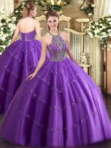 Beading and Appliques Sweet 16 Quinceanera Dress Purple Lace Up Sleeveless Floor Length