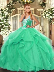 Wonderful Ball Gowns Quinceanera Gowns Turquoise Straps Tulle Sleeveless Floor Length Lace Up