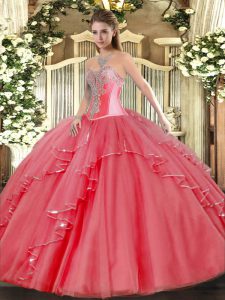 Glittering Floor Length Coral Red Quinceanera Dresses Tulle Sleeveless Beading and Ruffles