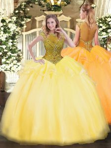 Dramatic Gold Scoop Zipper Beading and Appliques Vestidos de Quinceanera Cap Sleeves