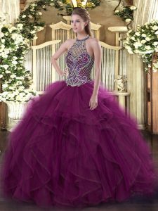 Customized Fuchsia Ball Gowns Beading 15th Birthday Dress Lace Up Organza Sleeveless Floor Length