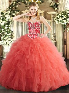 Floor Length Lace Up Ball Gown Prom Dress Watermelon Red for Military Ball and Sweet 16 and Quinceanera with Beading and Ruffles