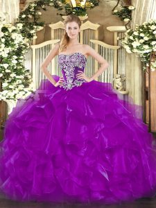 Purple Ball Gowns Strapless Sleeveless Organza Floor Length Lace Up Beading and Ruffles 15th Birthday Dress