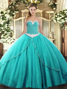 Noble Turquoise Lace Up 15th Birthday Dress Appliques Sleeveless Brush Train