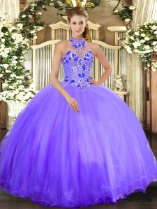 Smart Lavender Lace Up Halter Top Embroidery Quinceanera Dresses Tulle Sleeveless