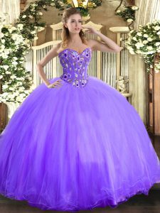 Ideal Organza and Tulle Sweetheart Sleeveless Lace Up Embroidery Vestidos de Quinceanera in Lavender