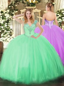 Extravagant Floor Length Apple Green Sweet 16 Dress Tulle Sleeveless Beading