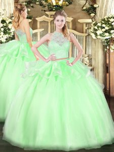Floor Length Apple Green Sweet 16 Dresses Tulle Sleeveless Lace