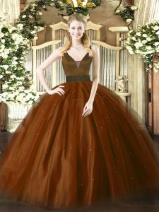 Simple Floor Length Zipper Quinceanera Dress Brown for Military Ball and Sweet 16 and Quinceanera with Beading