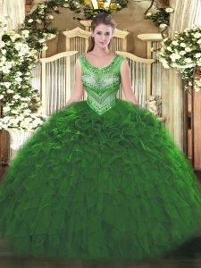 Dynamic Green Sleeveless Floor Length Beading and Ruffles Lace Up Sweet 16 Dresses
