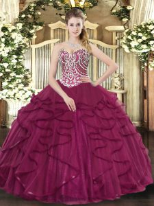 Floor Length Burgundy Quinceanera Gown Tulle Sleeveless Beading and Ruffles