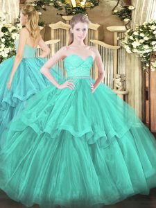 Turquoise Sleeveless Beading and Lace and Ruffled Layers Zipper Sweet 16 Dress