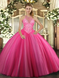Hot Pink Ball Gowns Beading Sweet 16 Quinceanera Dress Lace Up Tulle Sleeveless Floor Length