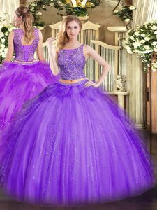 Custom Designed Lavender Two Pieces Tulle Scoop Sleeveless Beading and Ruffles Floor Length Lace Up Vestidos de Quinceanera