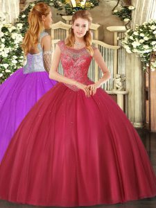 Coral Red Sweet 16 Dresses Sweet 16 and Quinceanera with Beading Scoop Sleeveless Lace Up
