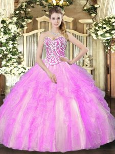Wonderful Sleeveless Tulle Floor Length Lace Up Quince Ball Gowns in Lilac with Beading and Ruffles