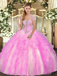 Lilac Strapless Neckline Appliques and Ruffles Quinceanera Gowns Sleeveless Lace Up