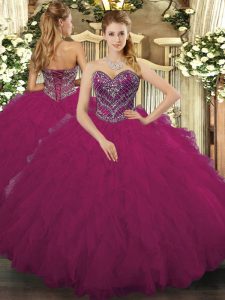 Fuchsia Ball Gowns Tulle Sweetheart Sleeveless Beading and Ruffled Layers Floor Length Lace Up 15 Quinceanera Dress