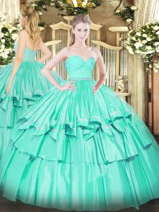Flare Floor Length Ball Gowns Sleeveless Turquoise Quince Ball Gowns Zipper