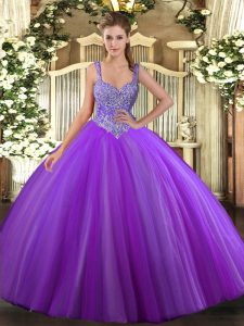 V-neck Sleeveless Lace Up Sweet 16 Dresses Purple Tulle