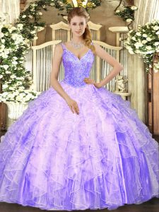 Super Ball Gowns Ball Gown Prom Dress Lavender V-neck Tulle Sleeveless Floor Length Lace Up