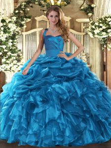 Floor Length Lace Up Quinceanera Gown Baby Blue for Military Ball and Sweet 16 and Quinceanera with Ruffles and Pick Ups