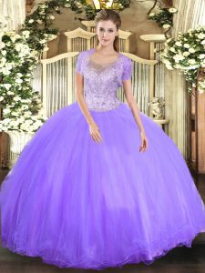 Elegant Scoop Sleeveless 15th Birthday Dress Floor Length Beading Lavender Tulle