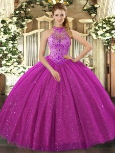 Fuchsia Halter Top Neckline Beading and Embroidery Ball Gown Prom Dress Sleeveless Lace Up