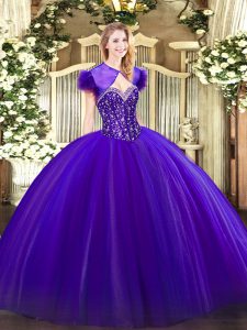 Sleeveless Floor Length Beading Lace Up Sweet 16 Dress with Purple