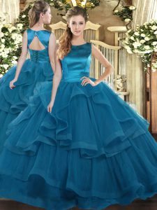 Smart Scoop Sleeveless Quince Ball Gowns Floor Length Ruffles Teal Tulle
