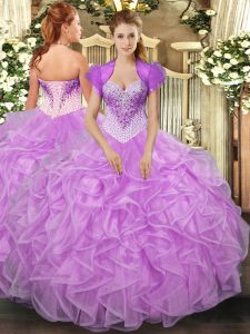 Delicate Sleeveless Floor Length Beading and Ruffles Lace Up Vestidos de Quinceanera with Lilac
