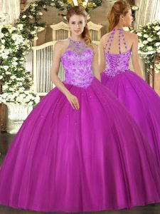 Fine Fuchsia Sleeveless Satin Lace Up 15th Birthday Dress for Military Ball and Sweet 16 and Quinceanera