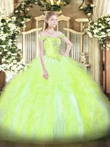 Yellow Green Lace Up 15 Quinceanera Dress Beading and Ruffles Sleeveless Floor Length