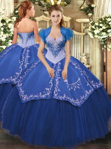 New Style Blue Satin and Tulle Lace Up Sweet 16 Quinceanera Dress Sleeveless Floor Length Beading and Embroidery