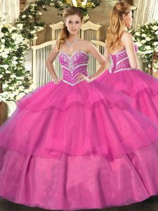 Fashionable Hot Pink Sweetheart Lace Up Beading and Ruffled Layers Quinceanera Gown Sleeveless