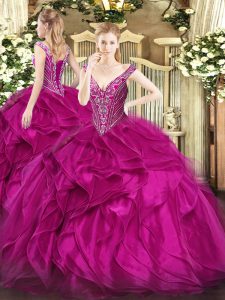 Beautiful Fuchsia Ball Gowns V-neck Sleeveless Organza Floor Length Lace Up Beading and Ruffles Quince Ball Gowns