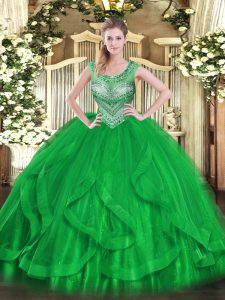 Custom Designed Green Sleeveless Beading and Ruffles Floor Length Sweet 16 Dress