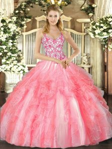 Fantastic Coral Red Sleeveless Tulle Lace Up Quinceanera Gown for Sweet 16 and Quinceanera