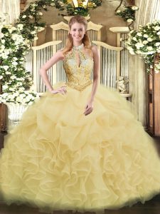 Halter Top Sleeveless Quinceanera Gowns Floor Length Beading and Ruffles Champagne Organza