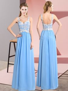 Luxury Floor Length Empire Sleeveless Aqua Blue Prom Dresses Zipper