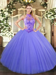 Lavender Tulle Lace Up Halter Top Sleeveless Floor Length Sweet 16 Quinceanera Dress Beading and Embroidery