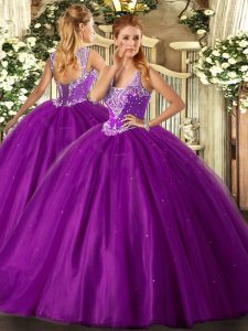 Clearance Purple Ball Gowns Tulle Straps Sleeveless Beading Floor Length Lace Up 15 Quinceanera Dress