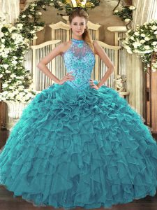 Teal Organza Lace Up Halter Top Sleeveless Floor Length Ball Gown Prom Dress Beading and Embroidery and Ruffles