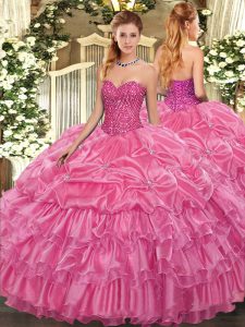 Rose Pink Ball Gowns Sweetheart Sleeveless Organza Floor Length Lace Up Beading and Ruffled Layers and Pick Ups Quinceanera Gown