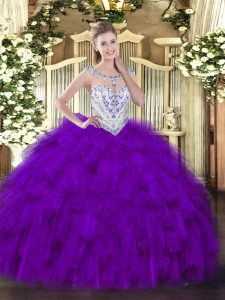 Graceful Floor Length Purple Sweet 16 Quinceanera Dress Tulle Sleeveless Beading and Ruffles