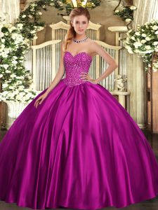 Cute Fuchsia Ball Gowns Satin Sweetheart Sleeveless Beading Floor Length Lace Up Quinceanera Gowns