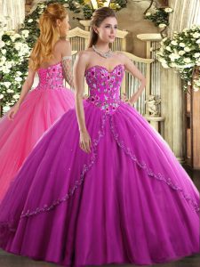 Attractive Sleeveless Appliques and Embroidery Lace Up Quinceanera Gowns with Fuchsia Brush Train