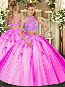 Halter Top Sleeveless Tulle Quinceanera Dress Beading Criss Cross